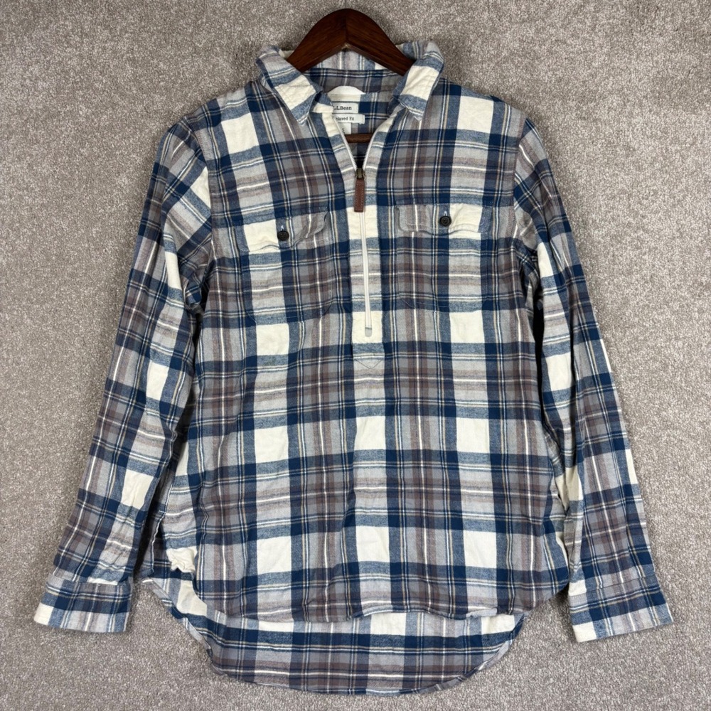 LL Bean Relaxed Fit Flannel Shirt Womens Small Blue Plaid Quarter Zip Pockets